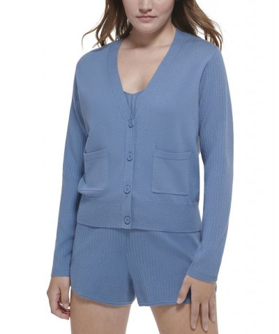 Women's Ribbed-Sleeve Button-Front Cardigan Stormy Blue $30.00 Sweaters