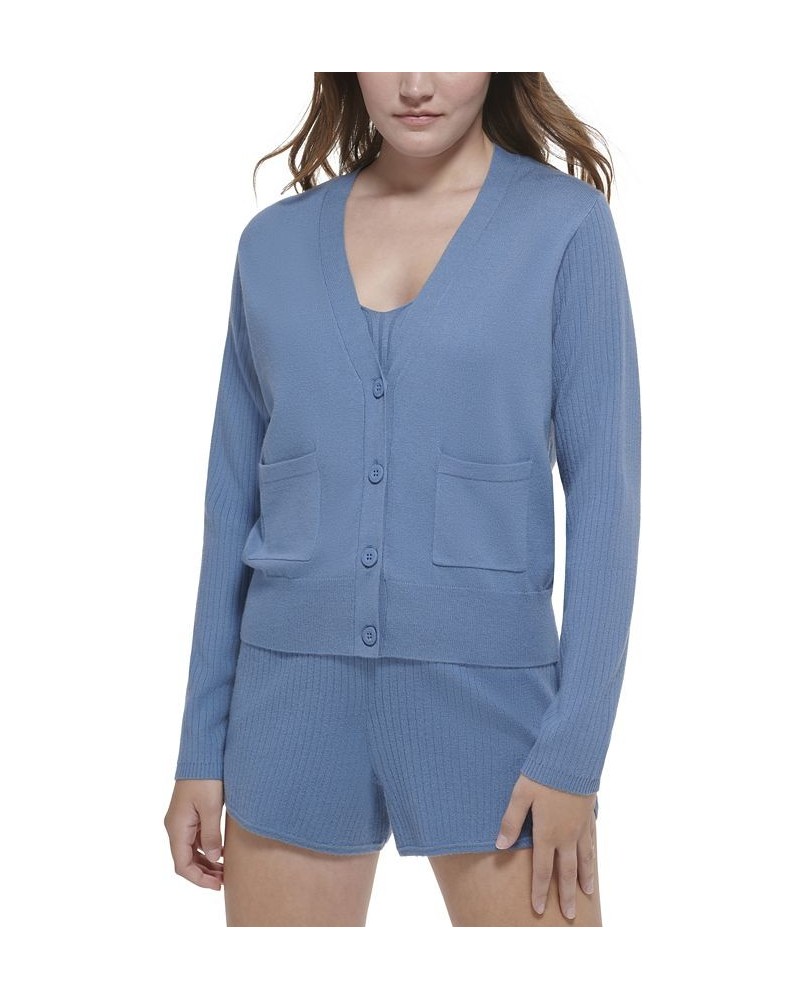 Women's Ribbed-Sleeve Button-Front Cardigan Stormy Blue $30.00 Sweaters