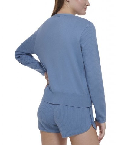 Women's Ribbed-Sleeve Button-Front Cardigan Stormy Blue $30.00 Sweaters