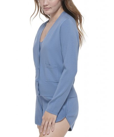 Women's Ribbed-Sleeve Button-Front Cardigan Stormy Blue $30.00 Sweaters