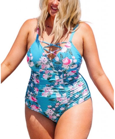 Women's Blue Floral Plus Size One Piece Swimsuit Blue $30.23 Swimsuits