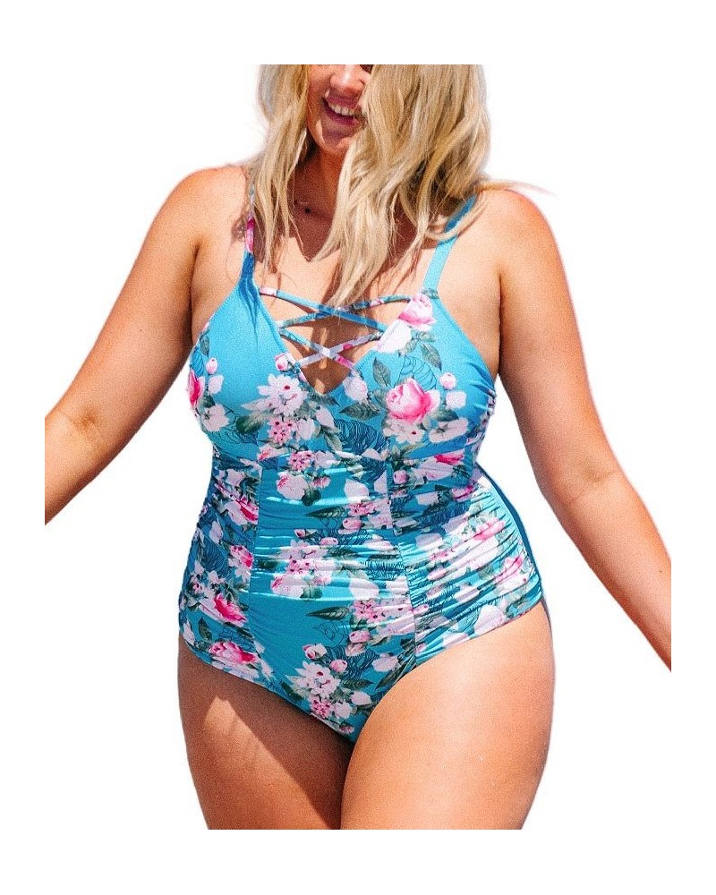 Women's Blue Floral Plus Size One Piece Swimsuit Blue $30.23 Swimsuits