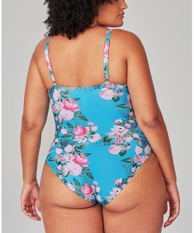 Women's Blue Floral Plus Size One Piece Swimsuit Blue $30.23 Swimsuits