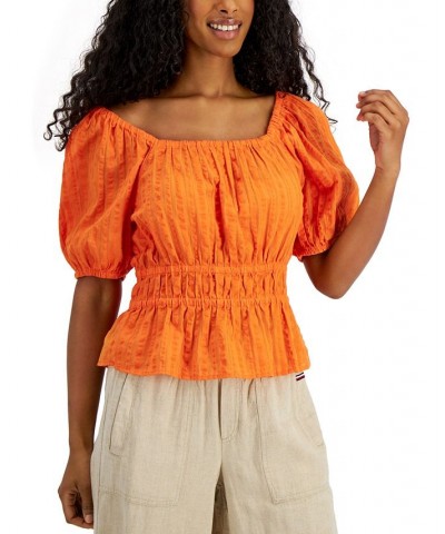 Women's Cotton Puff-Sleeve Smocked-Waist Top Orange $15.95 Tops