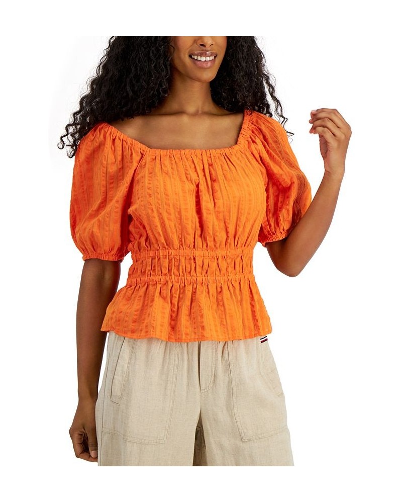 Women's Cotton Puff-Sleeve Smocked-Waist Top Orange $15.95 Tops