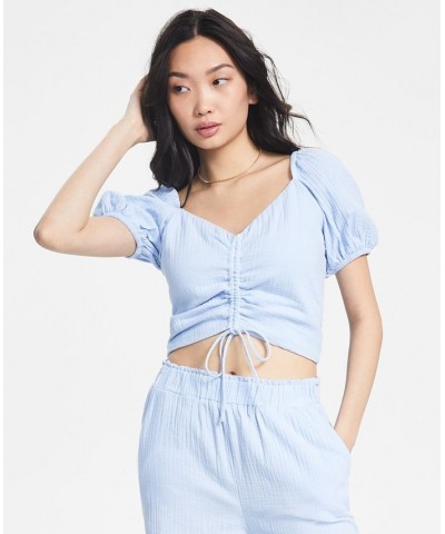 Women's Ruched Front Puffed Sleeve Textured Top Chambray $18.37 Tops