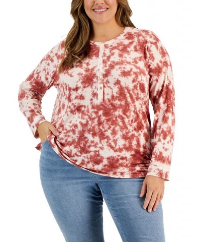 Plus Size Tie-Dyed Henley Top Pink Water Dye $15.07 Tops