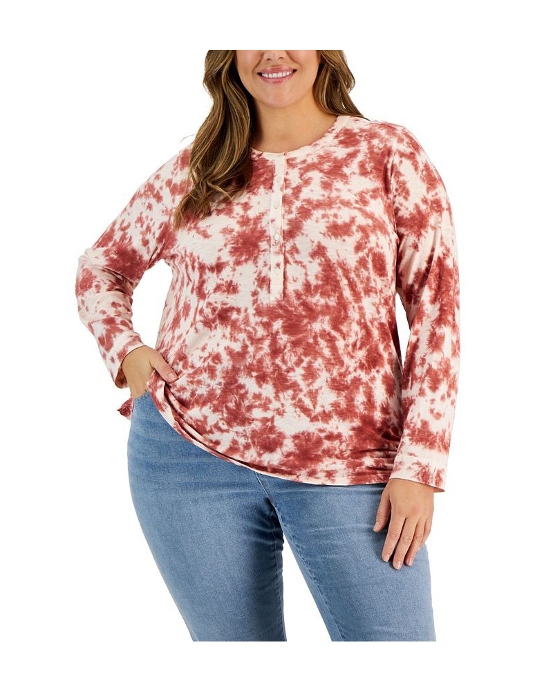 Plus Size Tie-Dyed Henley Top Pink Water Dye $15.07 Tops