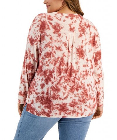 Plus Size Tie-Dyed Henley Top Pink Water Dye $15.07 Tops