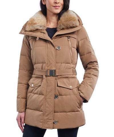 Petite Belted Faux-Fur-Collar Down Puffer Coat Tan/Beige $86.40 Coats