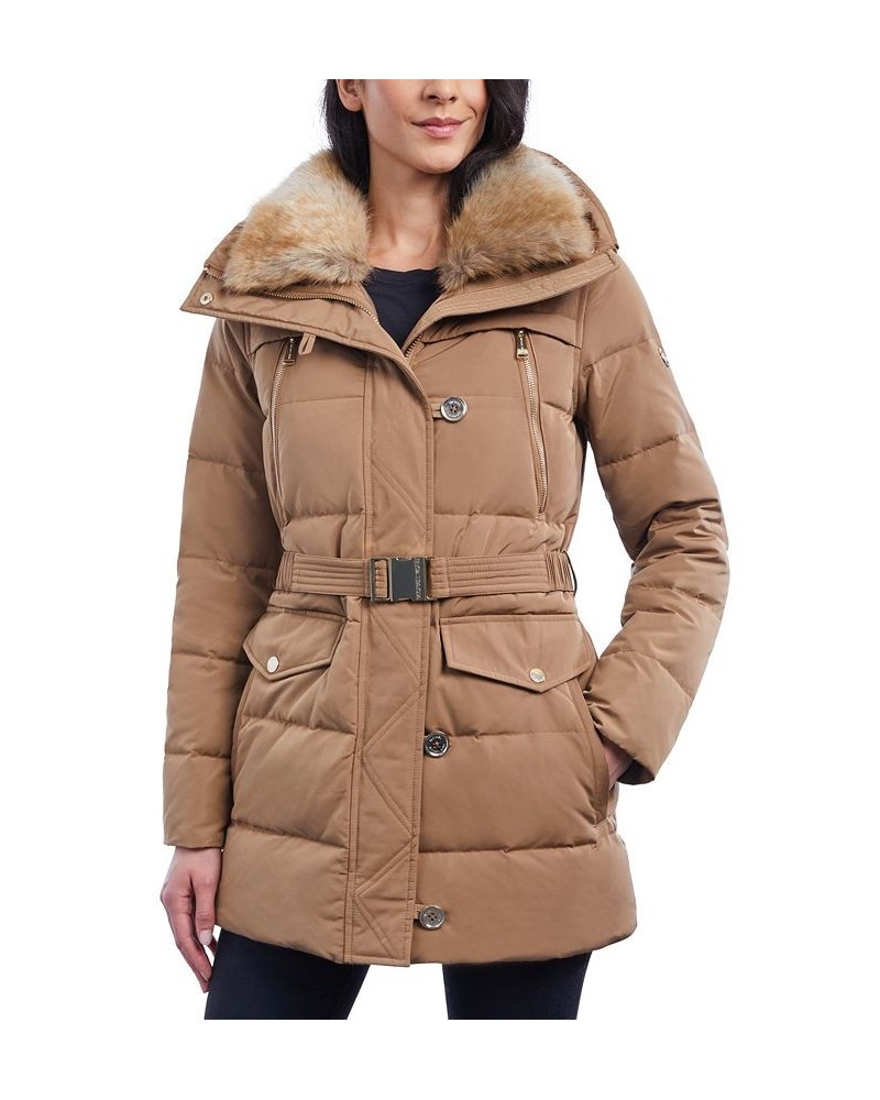 Petite Belted Faux-Fur-Collar Down Puffer Coat Tan/Beige $86.40 Coats