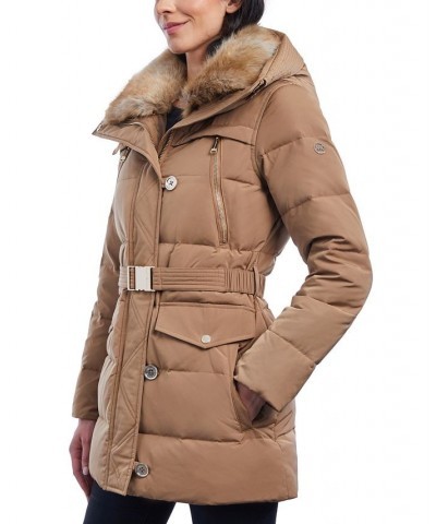 Petite Belted Faux-Fur-Collar Down Puffer Coat Tan/Beige $86.40 Coats