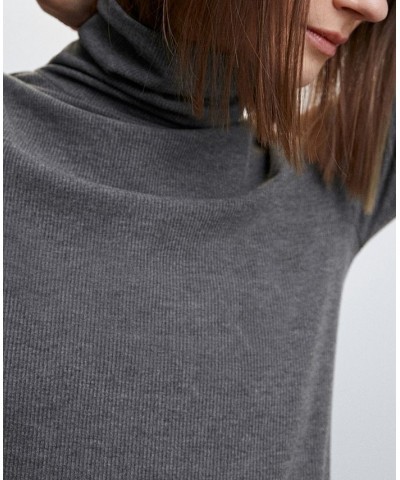 Women's Ribbed High Neck T-shirt Gray $23.59 Tops