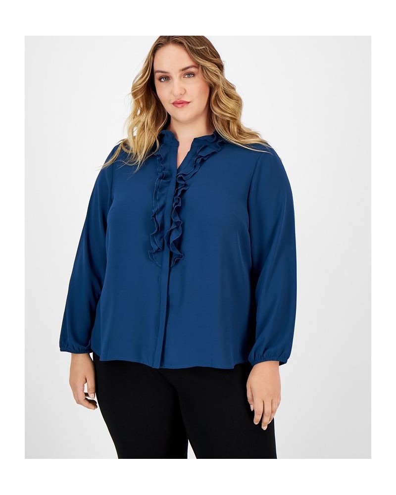 Plus Size Ruffled Split-Neck Blouse Blue $30.84 Tops