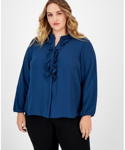 Plus Size Ruffled Split-Neck Blouse Blue $30.84 Tops