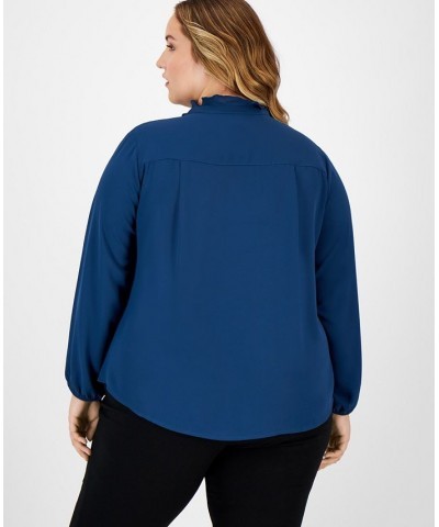 Plus Size Ruffled Split-Neck Blouse Blue $30.84 Tops