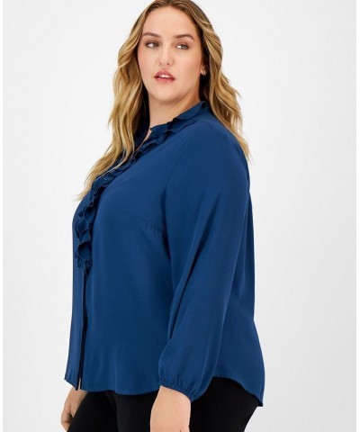 Plus Size Ruffled Split-Neck Blouse Blue $30.84 Tops