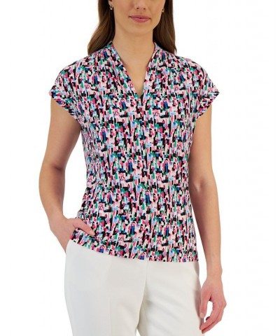 Women's Printed Cap-Sleeve V-Neck Shell Top Lily White Multi $23.60 Tops