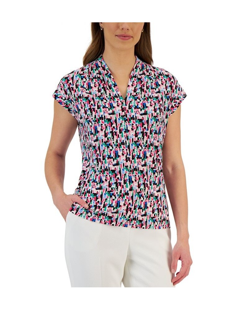 Women's Printed Cap-Sleeve V-Neck Shell Top Lily White Multi $23.60 Tops