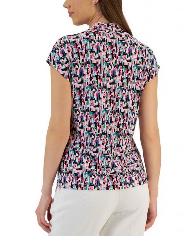 Women's Printed Cap-Sleeve V-Neck Shell Top Lily White Multi $23.60 Tops