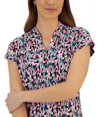 Women's Printed Cap-Sleeve V-Neck Shell Top Lily White Multi $23.60 Tops