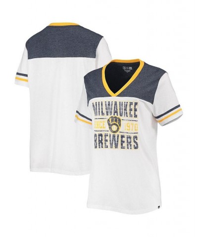 Women's White Heathered Navy Milwaukee Brewers Colorblock V-Neck T-shirt White, Heathered Navy $21.12 Tops