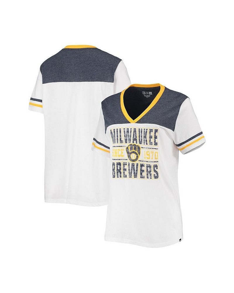 Women's White Heathered Navy Milwaukee Brewers Colorblock V-Neck T-shirt White, Heathered Navy $21.12 Tops