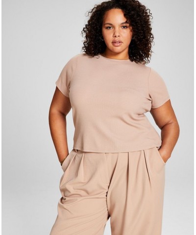 Trendy Plus Size Ribbed T-Shirt Tan/Beige $11.27 Tops