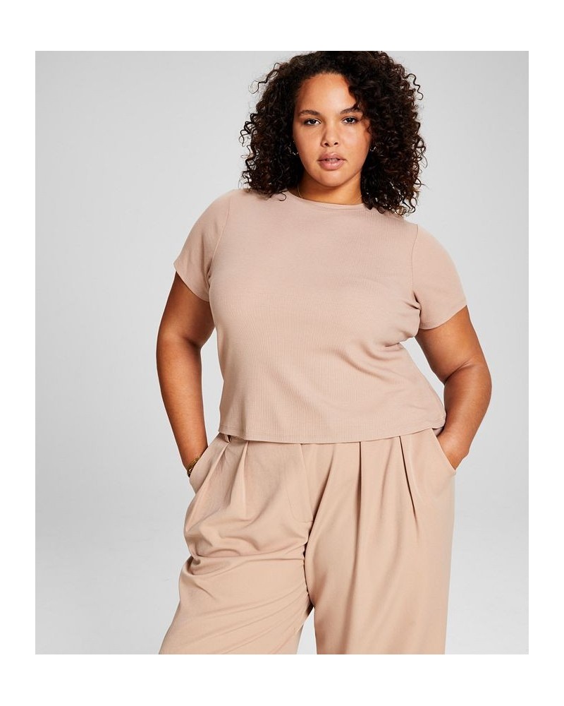 Trendy Plus Size Ribbed T-Shirt Tan/Beige $11.27 Tops