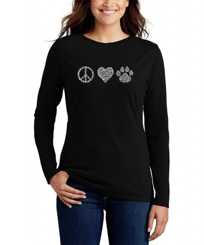Women's Peace Love Cats Word Art Long Sleeve T-shirt Black $21.45 Tops
