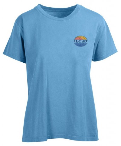 Women's Vintage Rays Cotton Graphic T-Shirt Blue $19.74 Tops