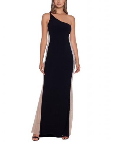 Beaded Colorblocked One-Shoulder Gown Black/Nude/Silver $101.97 Dresses