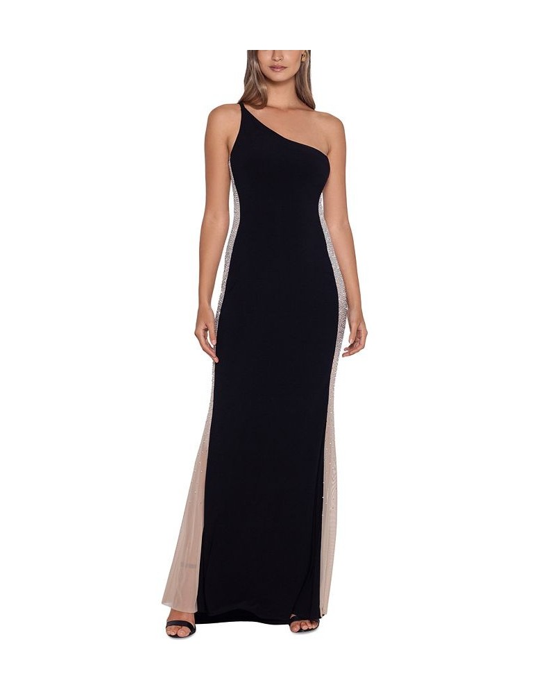 Beaded Colorblocked One-Shoulder Gown Black/Nude/Silver $101.97 Dresses