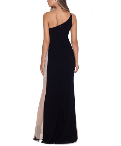 Beaded Colorblocked One-Shoulder Gown Black/Nude/Silver $101.97 Dresses