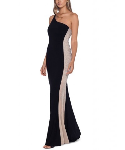 Beaded Colorblocked One-Shoulder Gown Black/Nude/Silver $101.97 Dresses