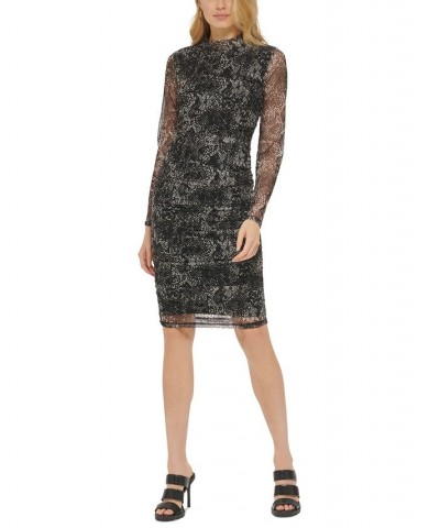 Women's Printed Mesh Long-Sleeve Ruched Dress Black $21.40 Dresses