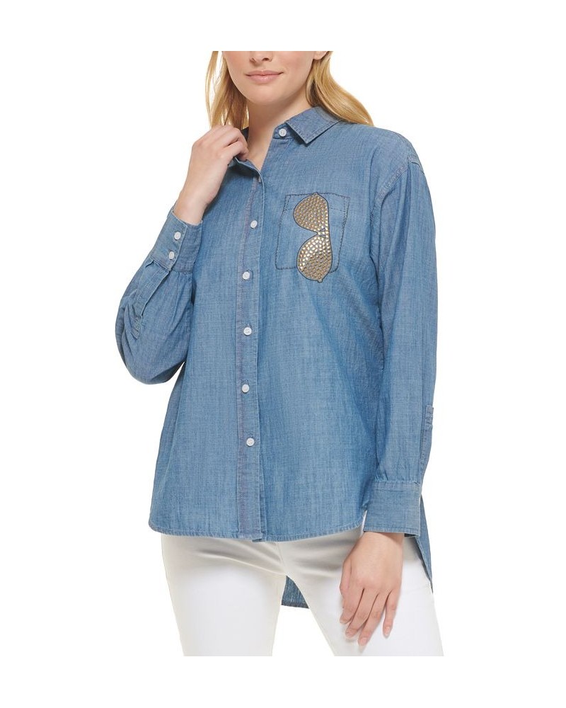 Women's Cotton Faux-Pocket Shirt Medium Blue Wash $50.75 Tops