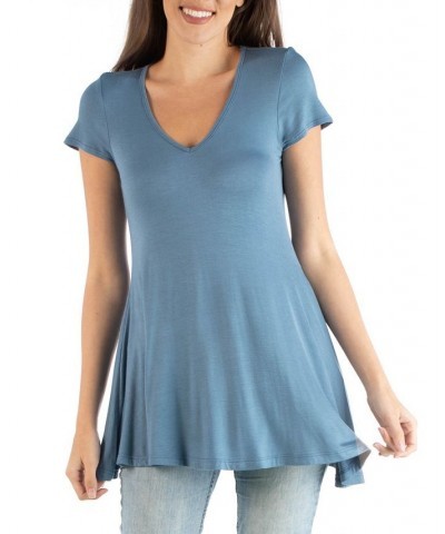 Women's Short Sleeve Loose Fit Tunic Top with V-Neck Blue $15.96 Tops