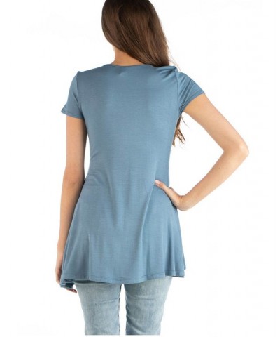 Women's Short Sleeve Loose Fit Tunic Top with V-Neck Blue $15.96 Tops