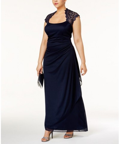 Plus Size Ruched Lace Gown Blue $52.15 Dresses