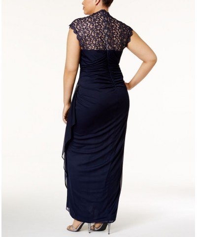 Plus Size Ruched Lace Gown Blue $52.15 Dresses