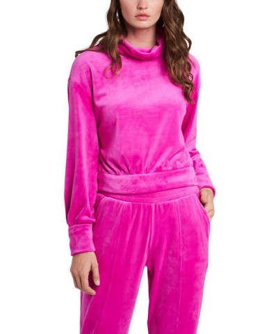 Women's Velour Turtleneck Long Sleeve Top Pink $25.42 Tops