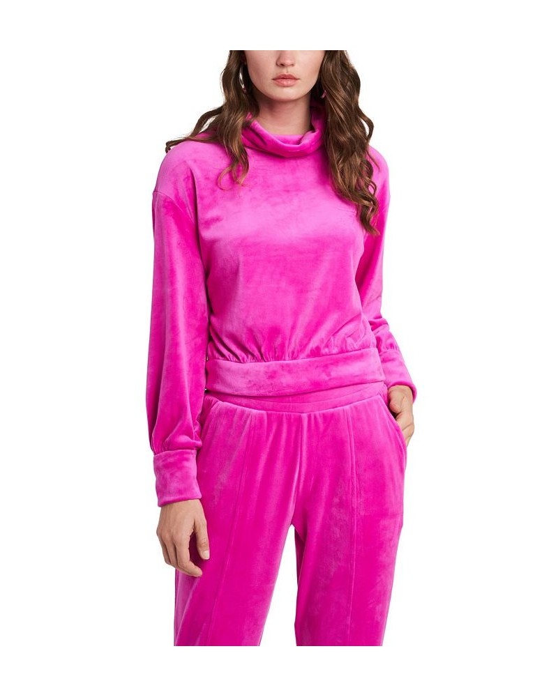 Women's Velour Turtleneck Long Sleeve Top Pink $25.42 Tops