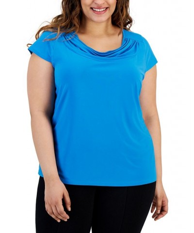 Plus Size Cap-Sleeve Cowlneck Top Blue $36.57 Tops