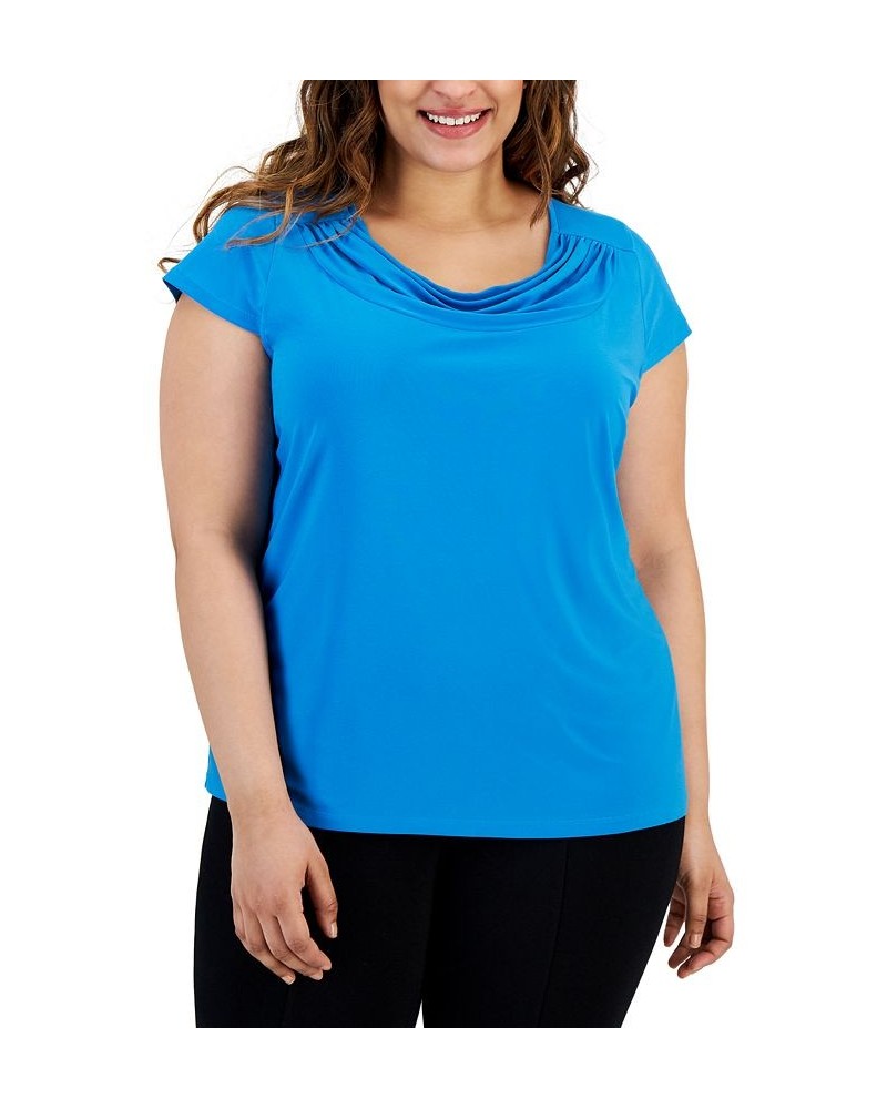 Plus Size Cap-Sleeve Cowlneck Top Blue $36.57 Tops