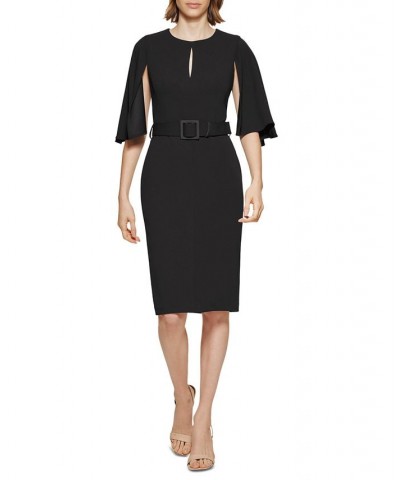 Women's Capelet-Sleeve Belted Sheath Dress Black $50.40 Dresses