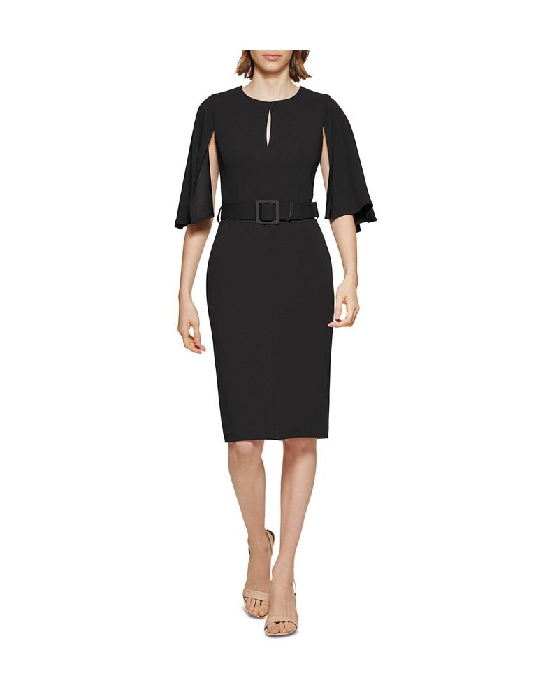 Women's Capelet-Sleeve Belted Sheath Dress Black $50.40 Dresses