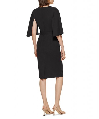 Women's Capelet-Sleeve Belted Sheath Dress Black $50.40 Dresses