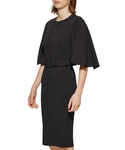 Women's Capelet-Sleeve Belted Sheath Dress Black $50.40 Dresses