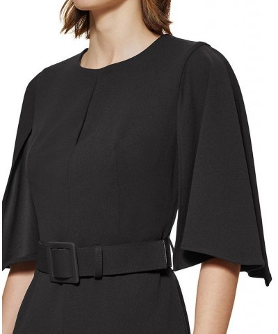 Women's Capelet-Sleeve Belted Sheath Dress Black $50.40 Dresses